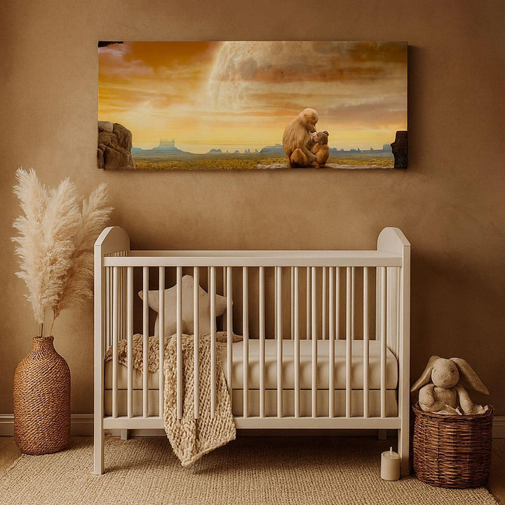 Wandbilder Dekoration Wohnzimmer Affen Mutter Natur Berg Panorama Bilder auf Leinwand 120x50cm Leinw