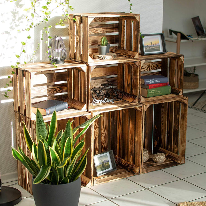 LAUBLUST Vintage Holzkisten 7er Set Geflammt - 50x40x30cm / 40x30x25cm | Weinkisten &amp; Obstkisten | D