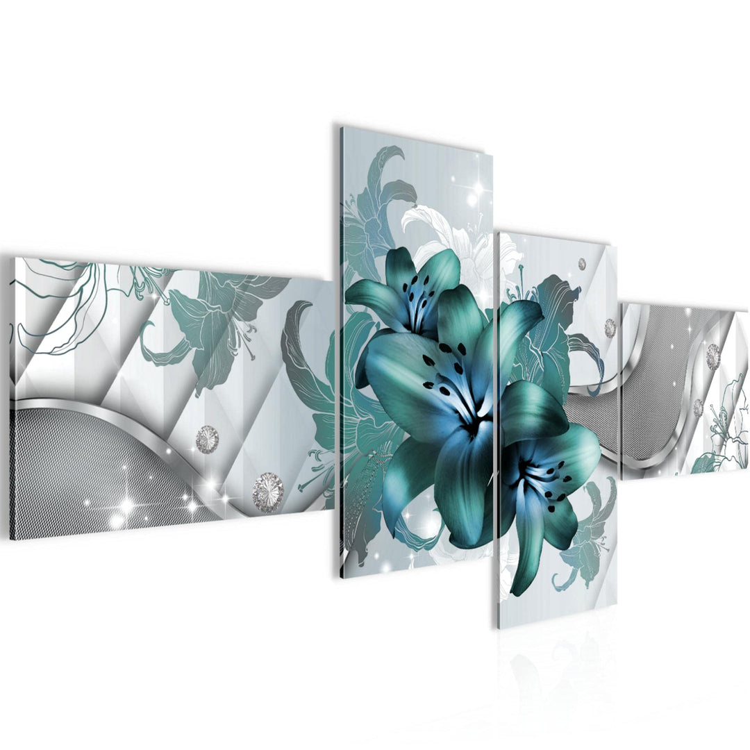 Runa Art Bild Modern Blumen Lilien - Made in Germany - Wandbilder Abstrakt Grau Türkis 4 Teilig 0165