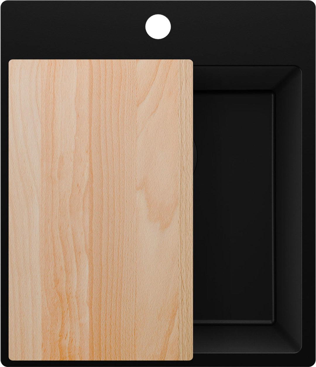 PRIMAGRAN Spülbecken Alles Schwarz 43x50cm, Granitspüle 1 Becken + Ablauf-Set + Schneidebrett, Küche
