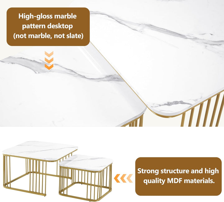 Merax Quadratisch Couchtisch 2er Set, Moderne Wohnzimmertisch mit Marmor Furnier, Hochglanz Satztisc