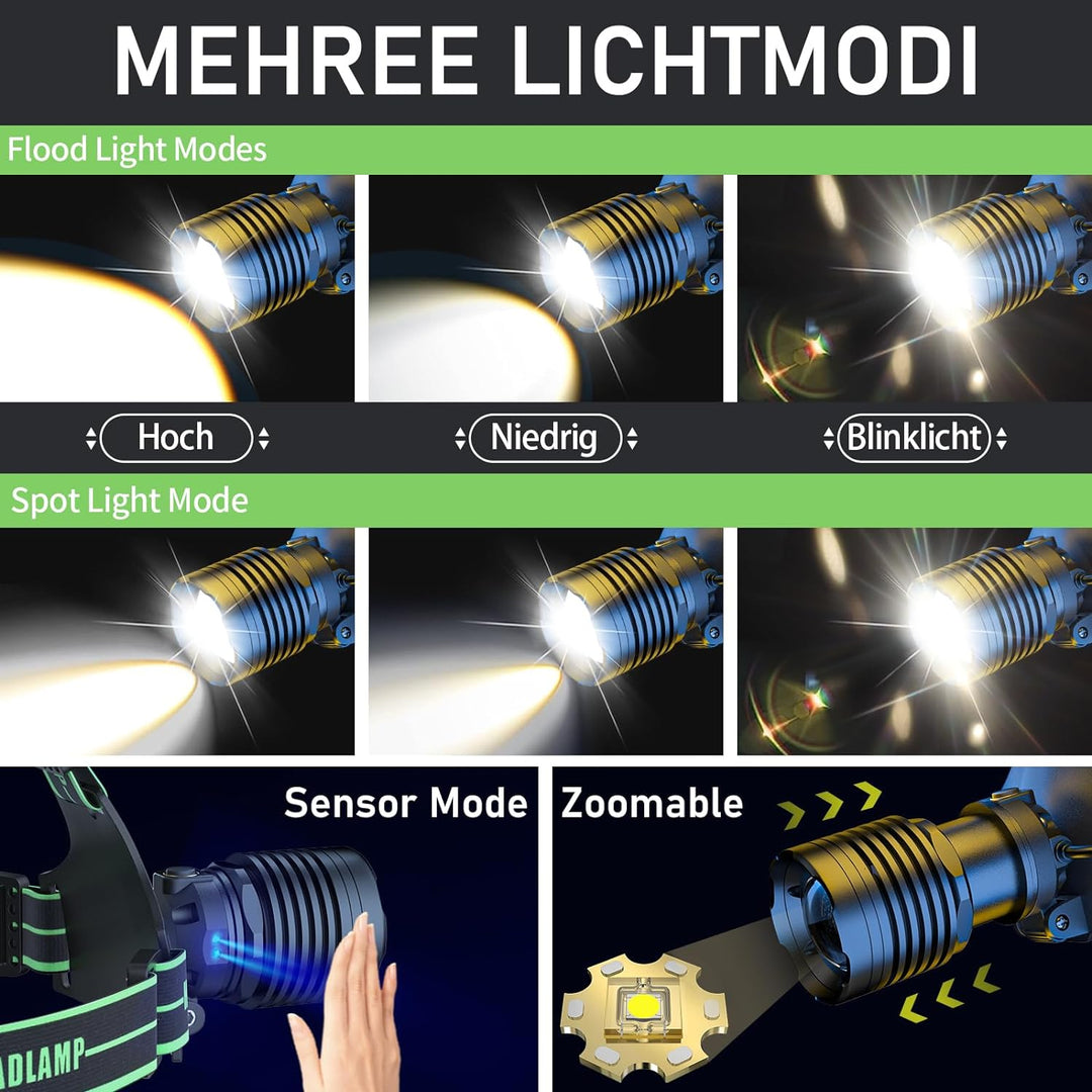 Sogdeco Stirnlampe Led Wiederaufladbar,Superhell 90000 Lumens 7800 mAh 10 Lichtmodi Kopflampe Stirnl