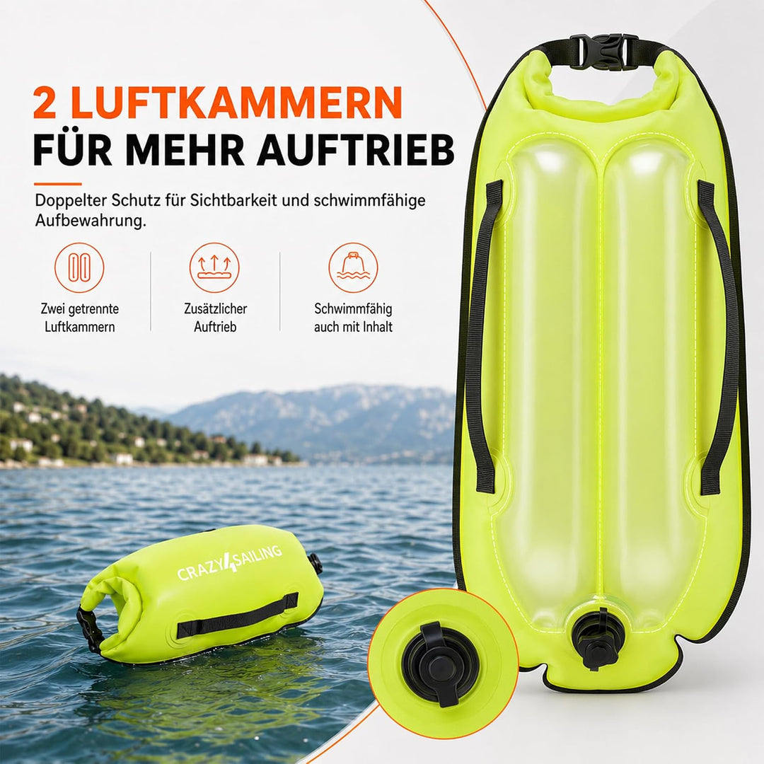 crazy4sailing Schwimmboje Dry Bag, wasserdichter Trockensack & aufblasbare Schwimmhilfe, 36 x 72 cm,