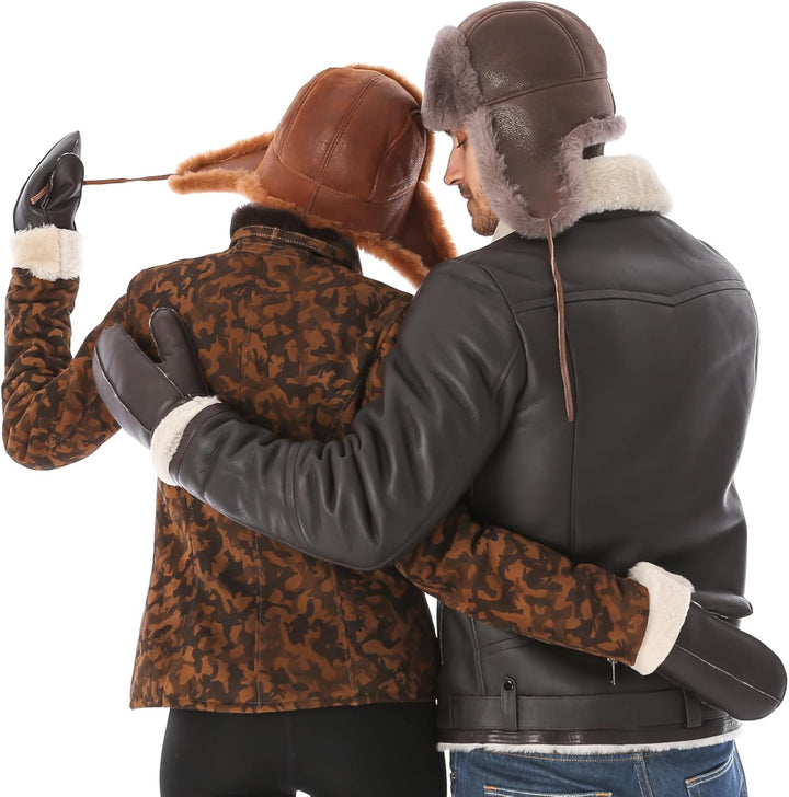 Unisex Fliegermütze aus Schafsleder, Russische Ushanka Trapper Winterfellmütze M Taupe, Braun, M Tau