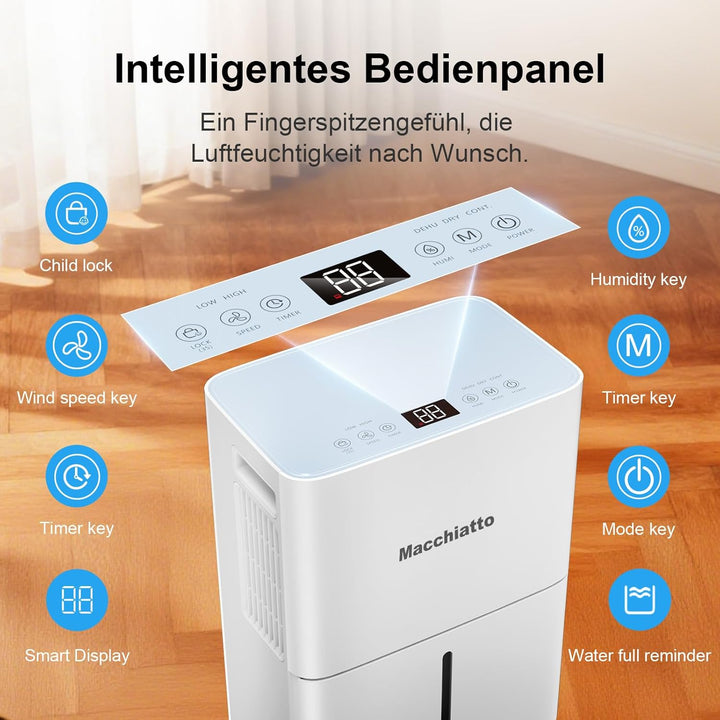 Macchiatto Elektrischer Luftentfeuchter Kompakt für bis zu 80m³(32m²) Räume Automatischer Betrieb,mi