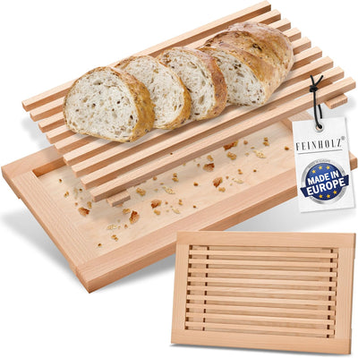 FEINHOLZ Brotschneidebrett mit Krümelrost aus Holz • 40cm x 25cm • Buchenholz geölt • Schneidebrett