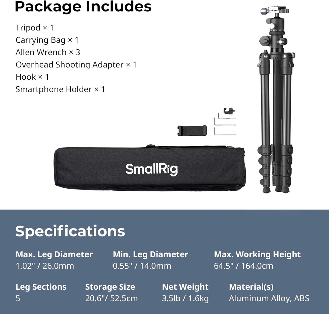 SMALLRIG CT25 64,5"/164cm Horizontales Überkopfstativ für Kamera mit Smartphone-Halterung und Traget