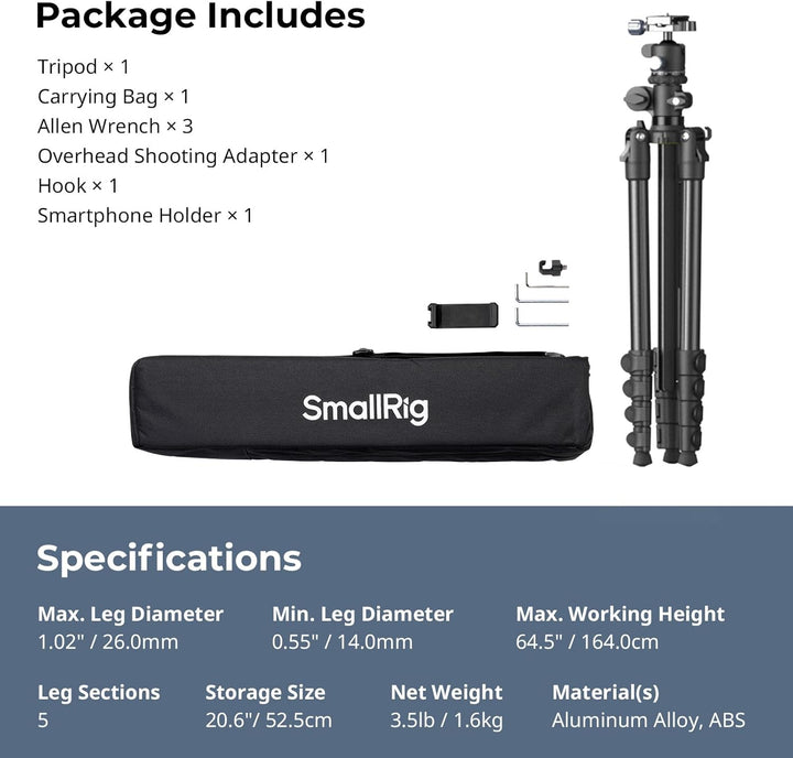 SMALLRIG CT25 64,5"/164cm Horizontales Überkopfstativ für Kamera mit Smartphone-Halterung und Traget