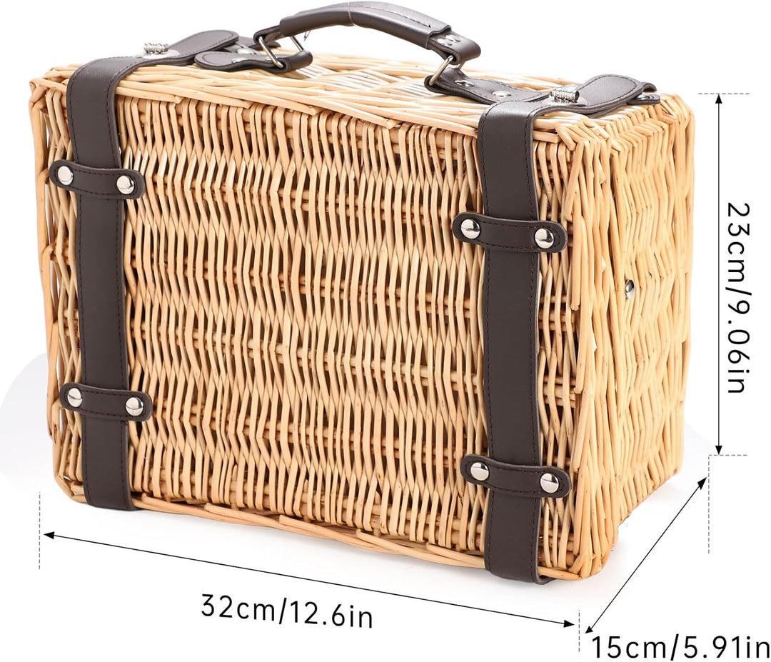 Weiden-Picknickkorb für 2 Personen, Weidenkorb mit Wasserfester Picknickdecke und Besteckset, Pickni