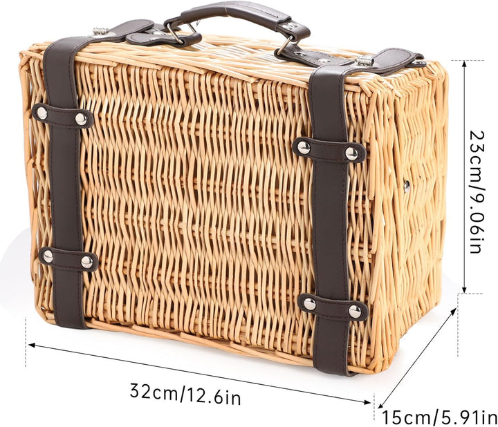 Weiden-Picknickkorb für 2 Personen, Weidenkorb mit Wasserfester Picknickdecke und Besteckset, Pickni