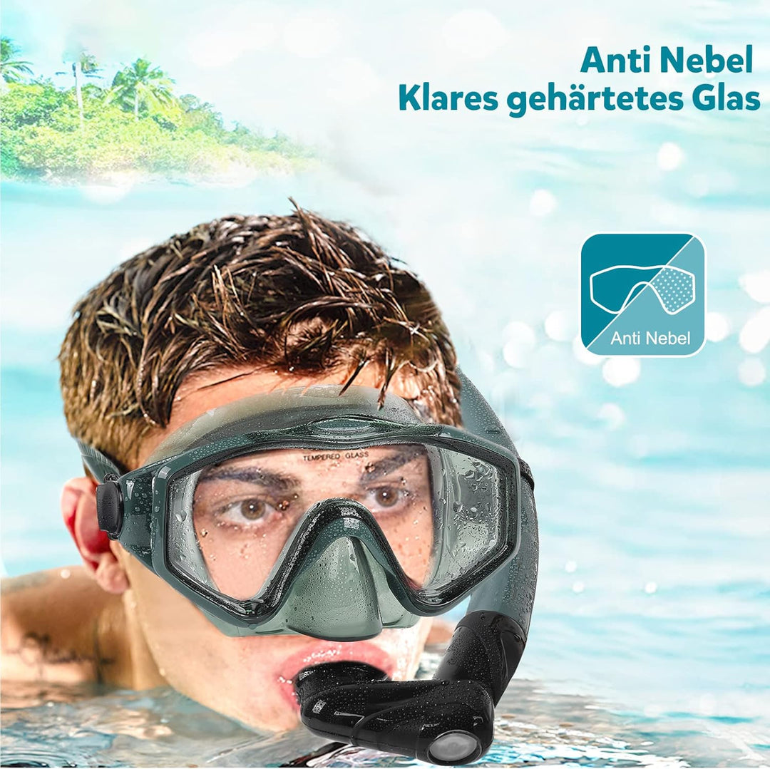 Schnorchelset Erwachsene mit Flossen, Anti-Fog Panorama-Weitblick Taucherbrille, Premium Dry Schnorc