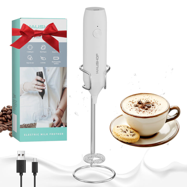 HAUSHOF Milchaufschäumer Stab, Wiederaufladbarer Hand-Milchschäumer, mit Schneebesen aus Edelstahl,