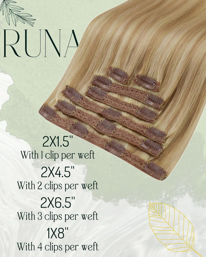 RUNATURE Clip Extensions Echthaar Goldblond mit Hellblond Clip in Echthaar Extensions Remy Haar Clip