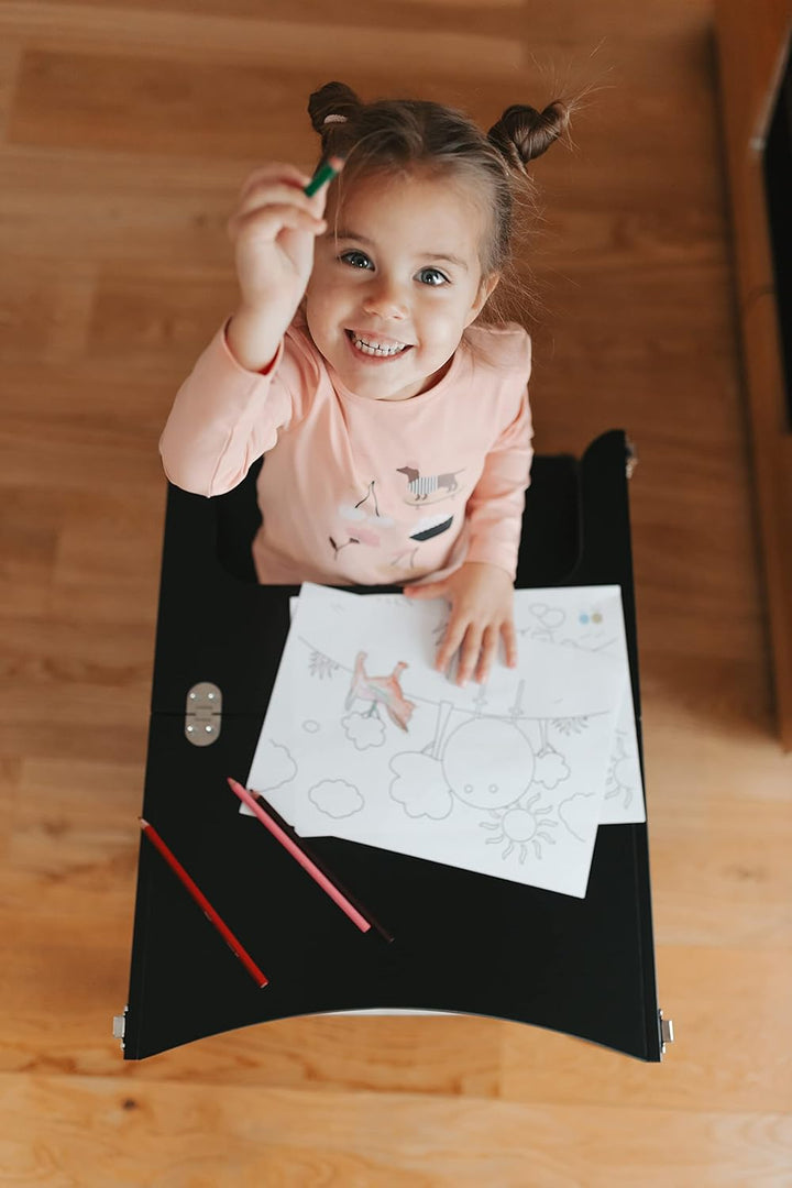 Klappbarer Lernturm mit Sitzfunktion, 45 cm Stehhöhe, Step’n’Sit, Lernturm mit Sitz und Tisch umklap