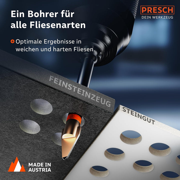 Presch Fliesenbohrer 10mm | Feinsteinzeug Bohrer für Keramik, harte Fliesen, Porzellan und Glas | Pr