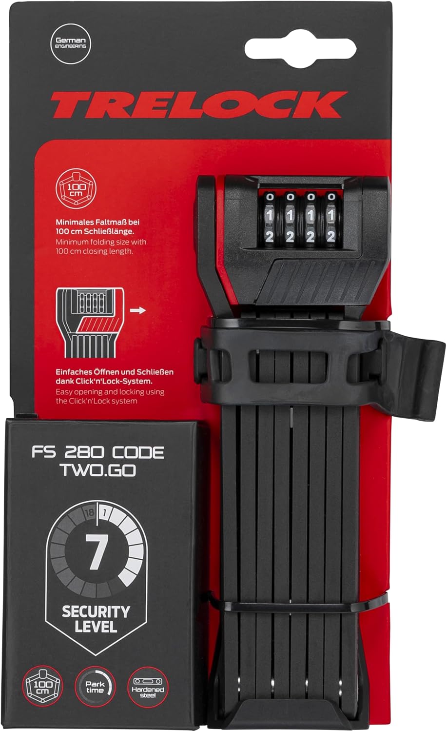 TRELOCK Code Faltschloss FS 280/100 TWO.GO, 100 cm lang, inkl. X-MOVE-Halter, Sicherheitsstufe 7, Za
