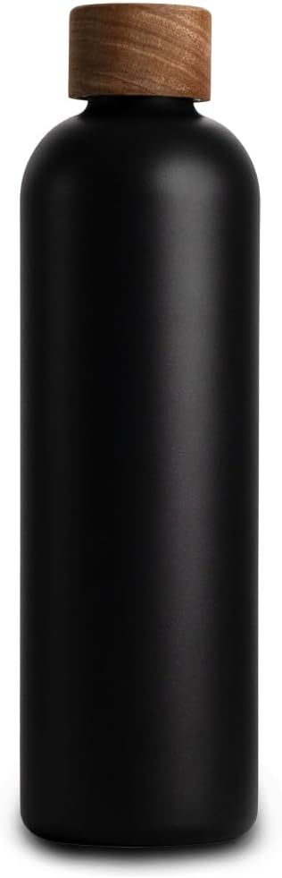 T&amp;N Edelstahl Trinkflasche 1 Liter, Thermosflasche 1l mit Akazienholz Deckel, Isolierte Wasserflasch