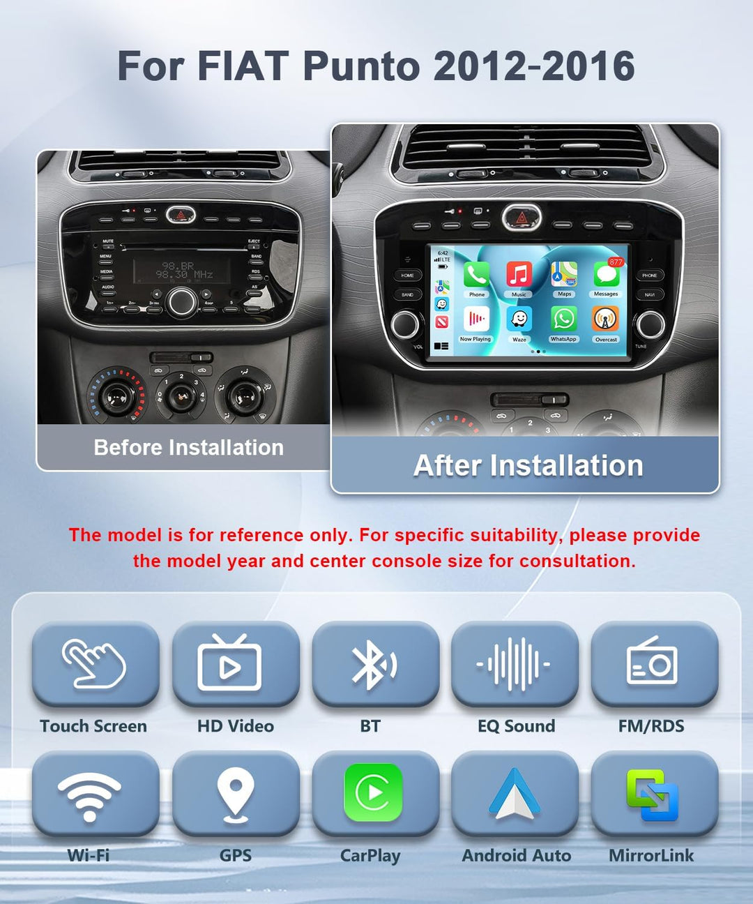 Carplay Autoradio für FIAT Punto 2012 2013 2014 2015 2016, 4GB+64GB Wireless Android Auto Stereo mit