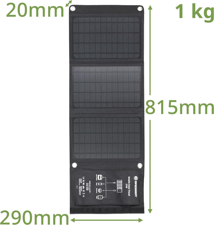 Bresser Solar Ladegerät 21W mit USB-A- und DC-Anschluss inkl. Adaptern, Solar-Panel als Ladegerät fü