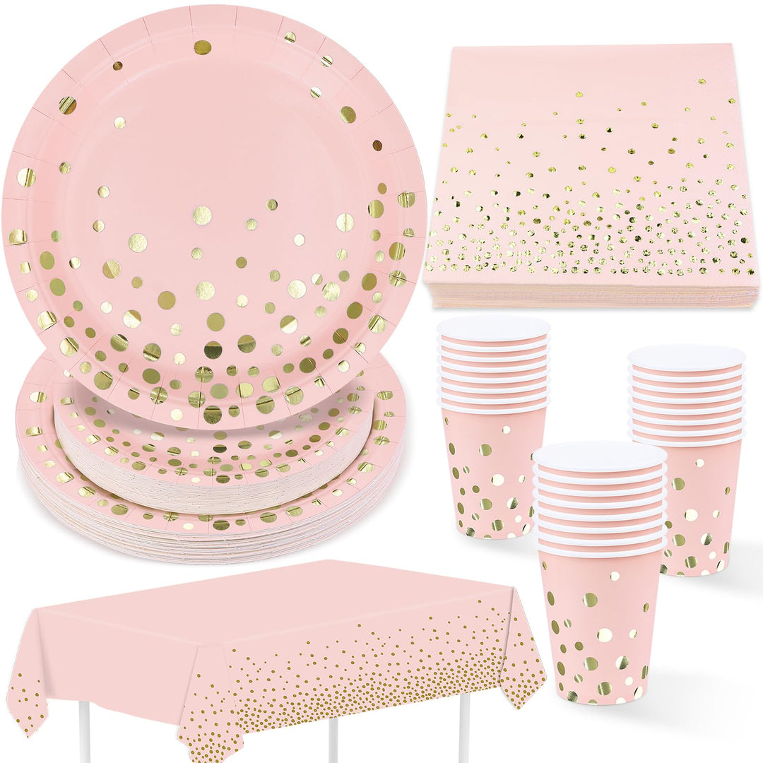 Partygeschirr 97 Stück Rosa Gold Pappteller, Servietten, Pappbecher, Tischdecke, Partyteller Set zum