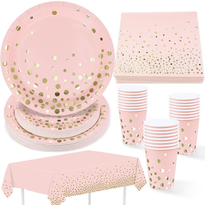 Partygeschirr 97 Stück Rosa Gold Pappteller, Servietten, Pappbecher, Tischdecke, Partyteller Set zum