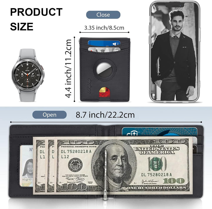 doeboe AirTag Wallet, Echtes Leder Kreditkarte Bifold Wallet mit Geldscheinklammer, Minimalistische