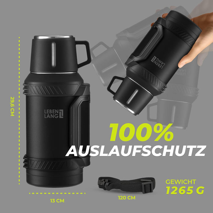 LEBENLANG Thermosflasche 1,5 Liter - 24h Heiss Inkl. Becher, Teesieb, Tragegurt I Trinkflasche Therm