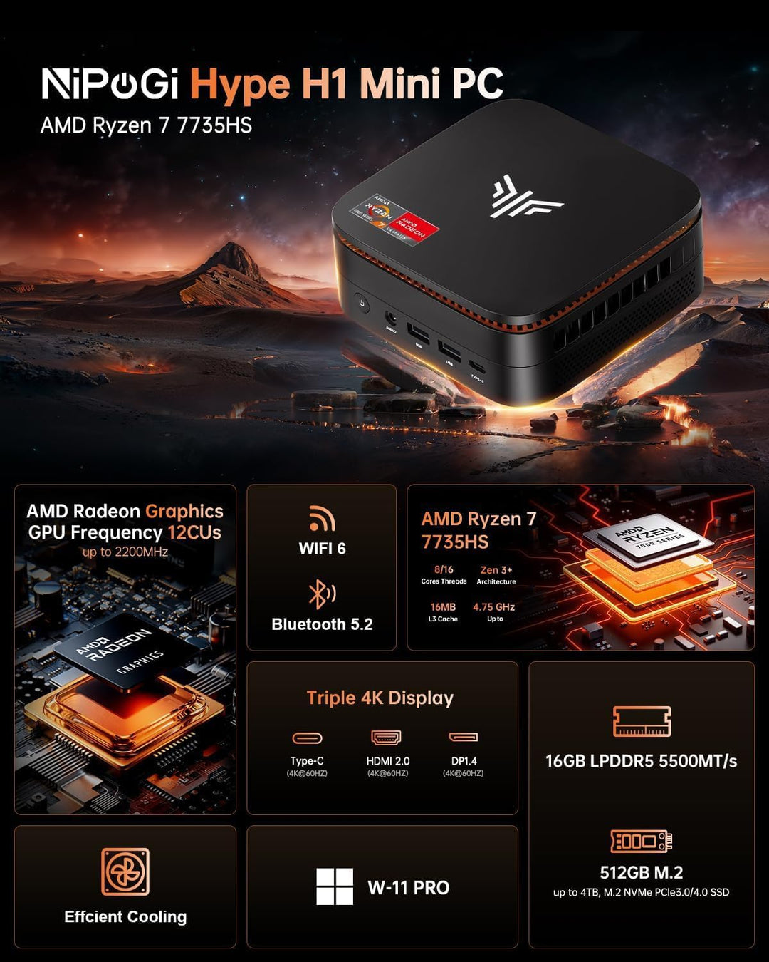 NiPoGi Hyper H1 Mini PC W-11 PRO Α-MD Ryzen 7 7735HS (Max 4.75GHz,8C/16T) 16GB LPDDR5 5500MHz/512GB