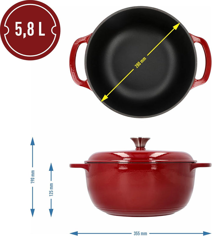 BROWIN® Gusseiserner Emaille-Kochtopf 330543 | 35 x 28 x 12,5 cm | Bordeux, 5,8L | Emaille Bräter mi