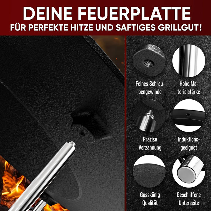 GUSSKÖNIG Gusseisen Grillplatte (Ø 42 cm) mit 3 Edelstahl Beinen - Dutch Oven Grillplatte Gusseisen
