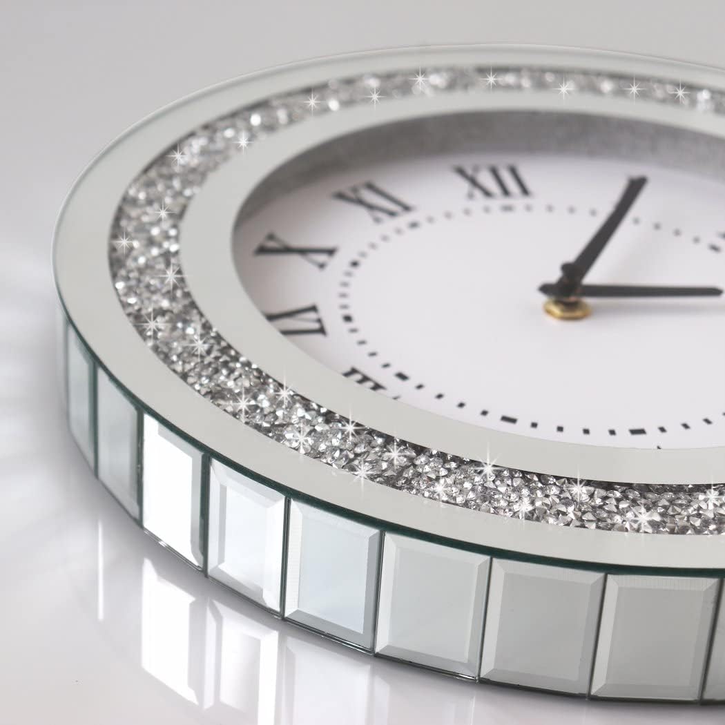 DMDFIRST Silberfarbener runder Spiegel, 30,5 cm, Kristallglitzer, glitzernd, Diamant-Spiegel-Wanduhr