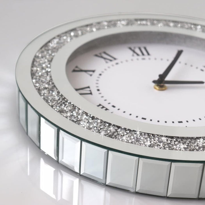 DMDFIRST Silberfarbener runder Spiegel, 30,5 cm, Kristallglitzer, glitzernd, Diamant-Spiegel-Wanduhr