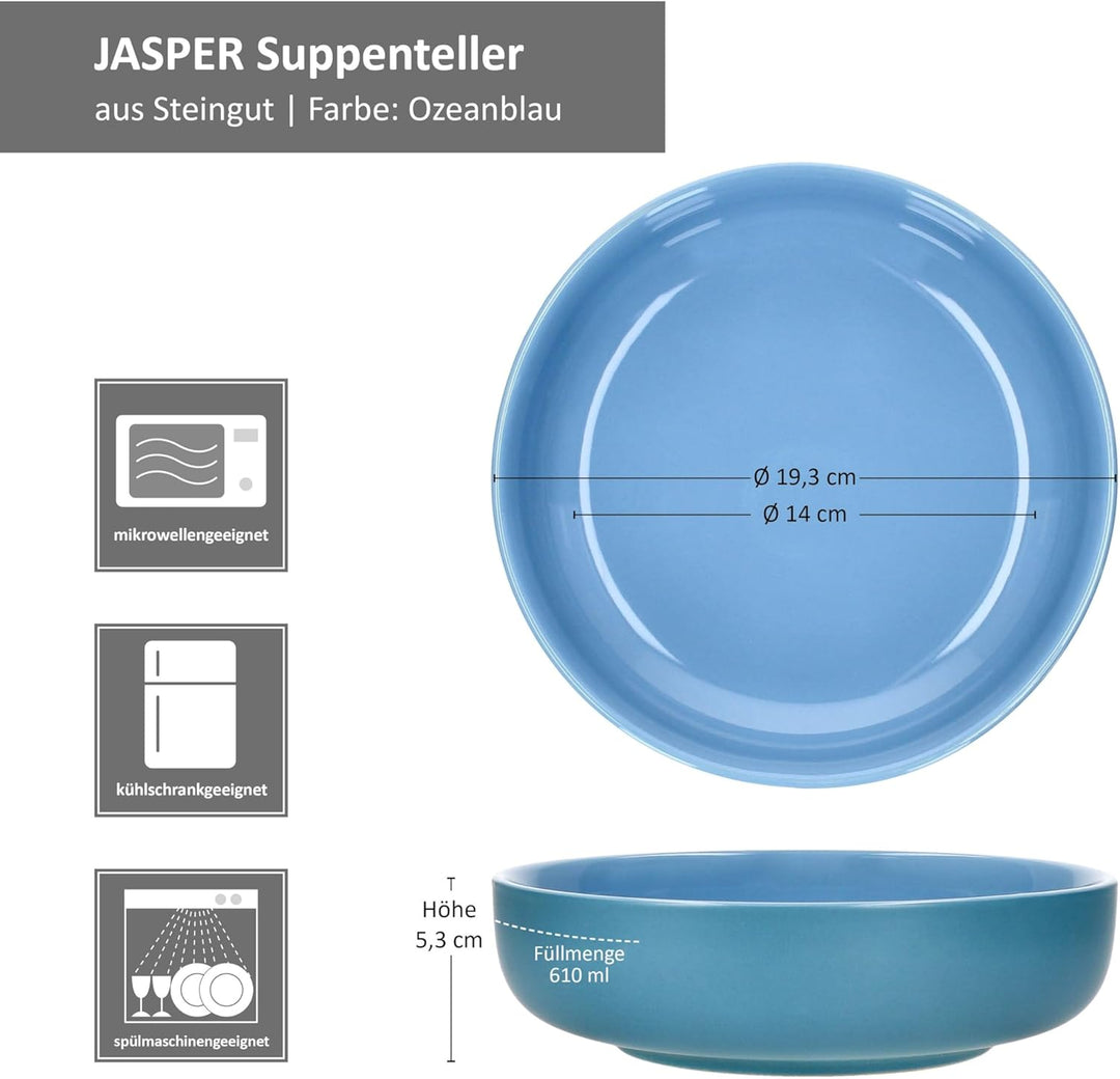 Ritzenhoff & Breker Jasper 4er Set Suppenteller Ozeanblau I 610 ml, Ø 19,3cm I Steingutteller für 4