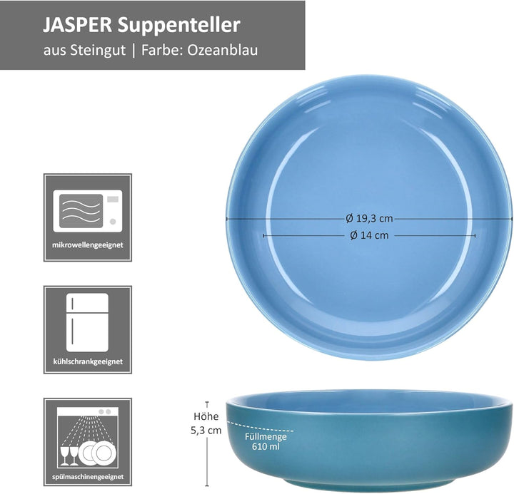 Ritzenhoff & Breker Jasper 4er Set Suppenteller Ozeanblau I 610 ml, Ø 19,3cm I Steingutteller für 4