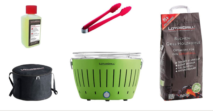 LotusGrill Starter-Set Classic 1x Grill Limettengrün USB-Anschluss, 1x Buchenholzkohle 2,5 kg, 1x Br