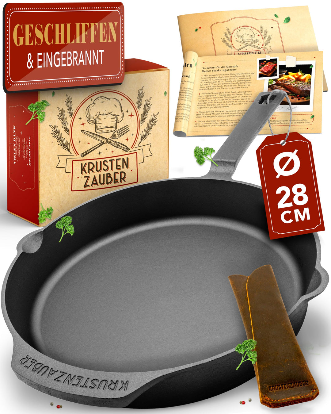 KRUSTENZAUBER Gusseisenpfanne Induktion 28cm inkl. Anleitung und Rezeptbuch - Geschliffene Pfanne Gu