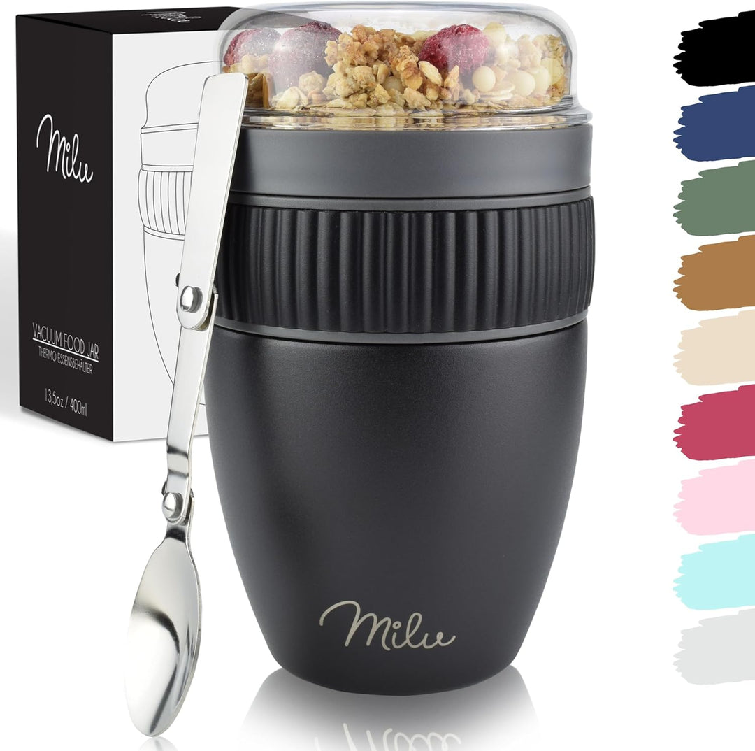 Milu Müslibecher to go 400ml I isolierter Edelstahl Joghurtbecher für Müsli I auslaufsicherer Becher