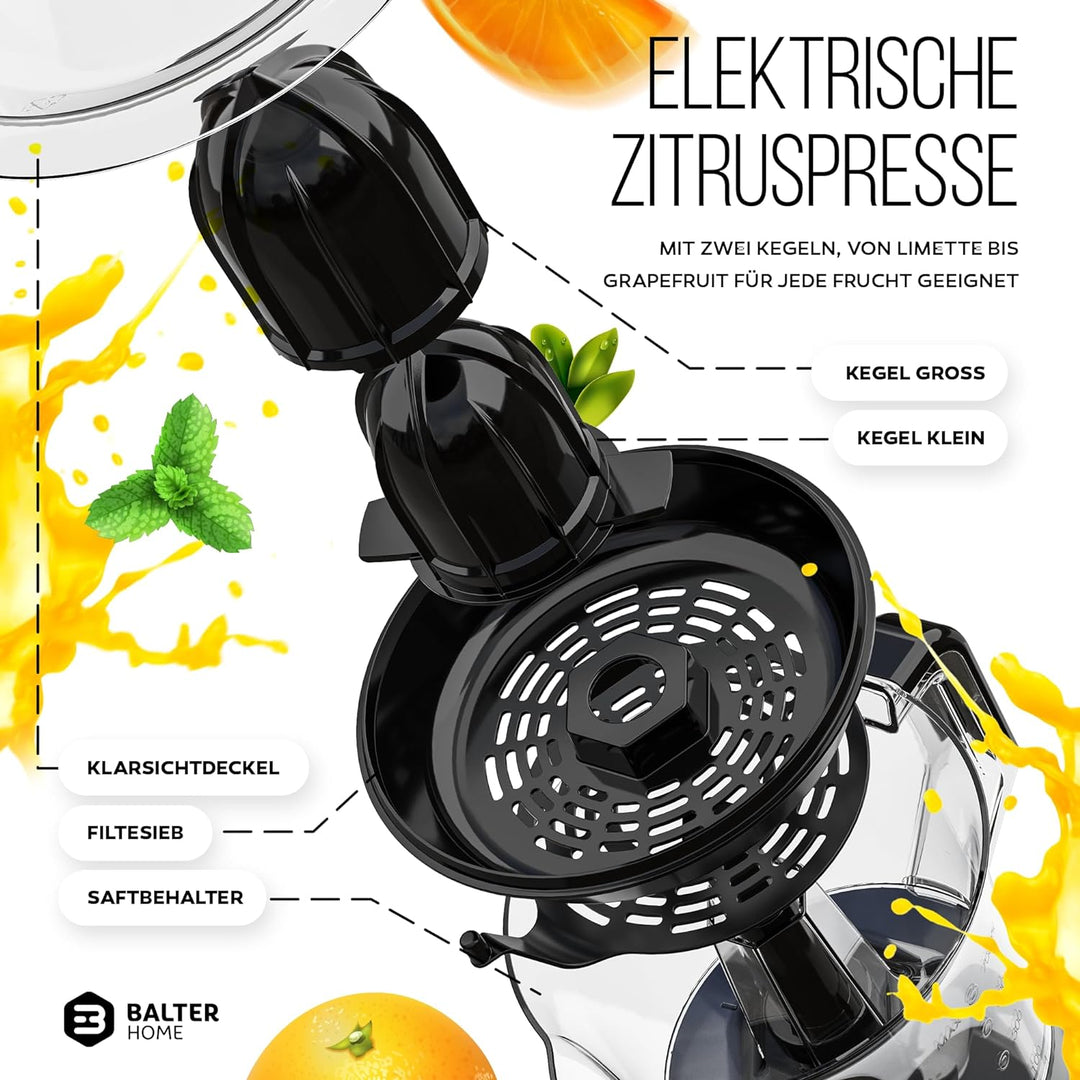 Balter ZP-04 Zitronenpresse Elektrisch – Hohe Saftausbeute, 2 Drehrichtungen & 2 Kegel– Zitruspresse