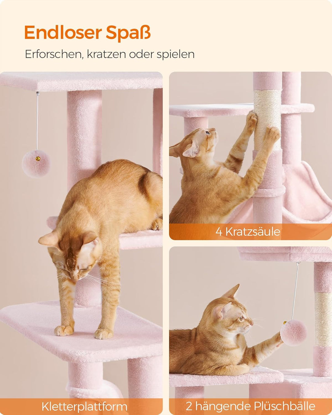 Feandrea Kratzbaum, 143 cm hoch, Katzenbaum, mehrstöckiges Katzenhaus, mit 4 Kratzsäulen, 2 Plattfor