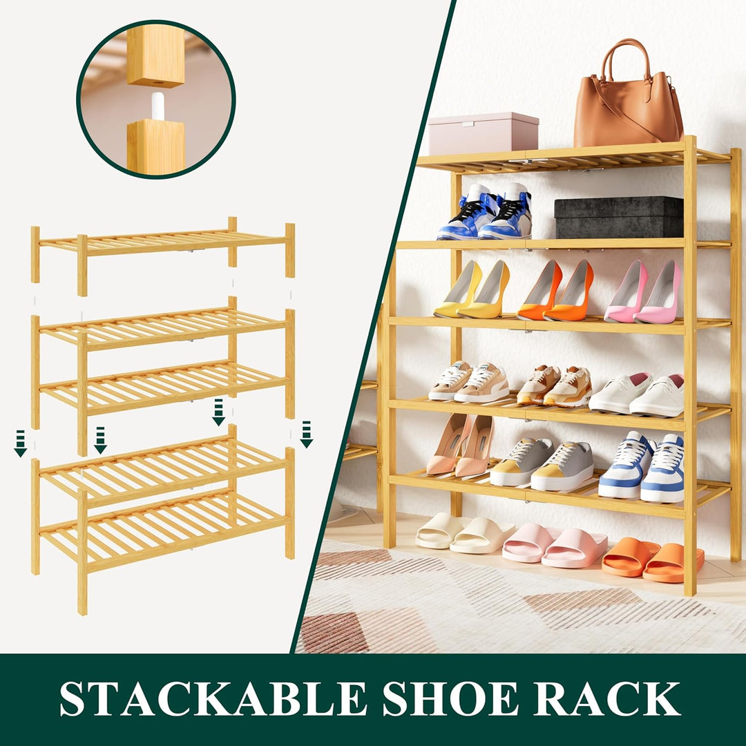 smiry Schuhregal mit 4 Ebenen, Platzsparende Schuhablage, Stapelbar Schuhorganizer, Bambus Regal für