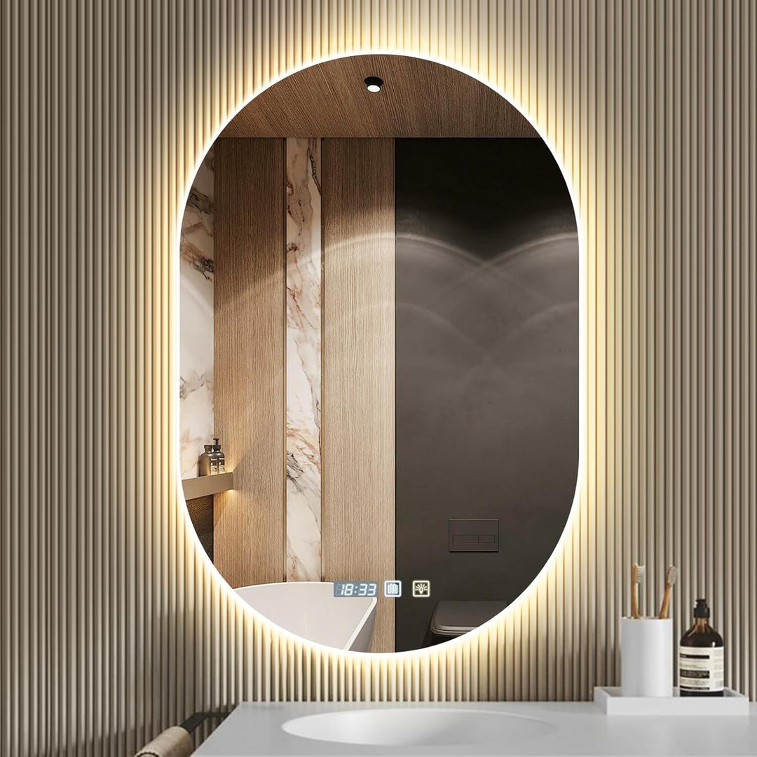 Viugreum Badspiegel mit Beleuchtung 50x75cm, Oval LED Badezimmerspiegel, Dimmbar 3 Lichtfarbe, Entfo