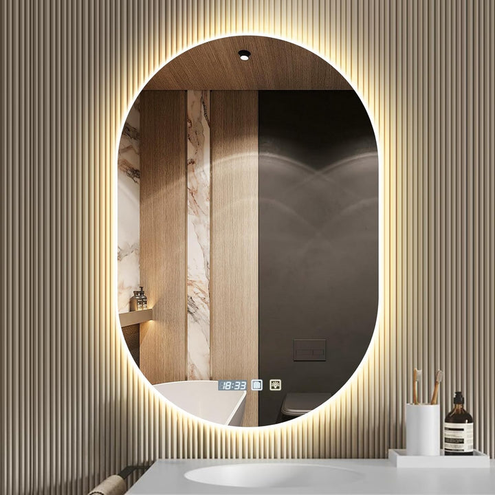 Viugreum Badspiegel mit Beleuchtung 50x75cm, Oval LED Badezimmerspiegel, Dimmbar 3 Lichtfarbe, Entfo