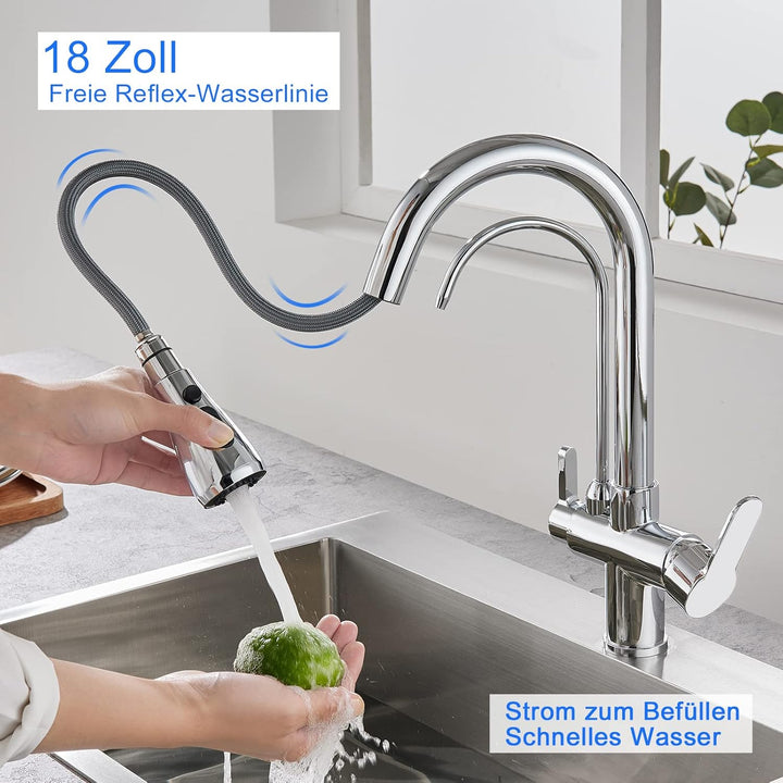 KEOKBON 3 Wege Küchenarmatur mit Ausziehbarer Brause, 3 in 1 Mischbatterie Trinkwasserhahn Küche Was