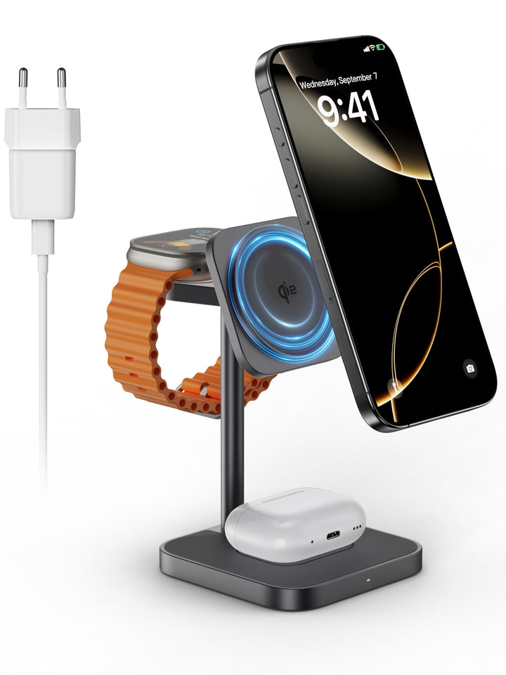 LULULOOK Qi2 Magsafe Ladestation 3 in 1, Aluminium Apple Watch und iPhone Magsafe Ladegerät mit 15W