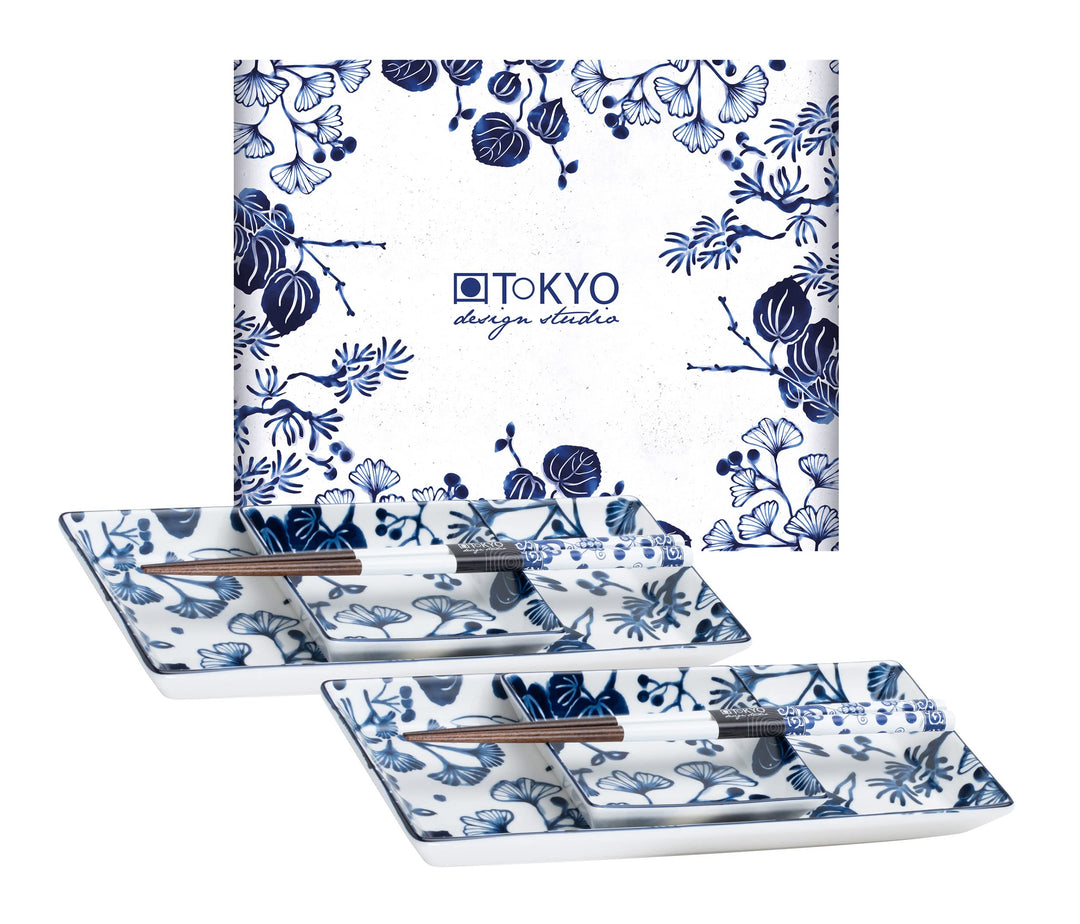 TOKYO design studio Flora Japonica Sushi-Set blau-weiss, 6-TLG, 2X Sushi-Platten, 2X Saucenschalen,