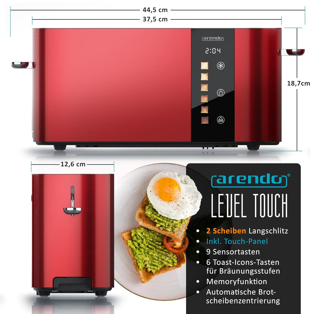 Arendo - Edelstahl Toaster 2 Scheiben Langschlitz - Touchscreen – Doppelwandgehäuse – Integrierter B