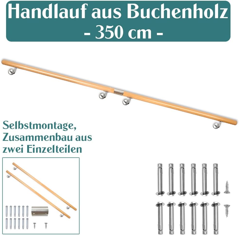 Buche Holz Handlauf Treppengeländer Geländer für Treppe Wandhandlauf V2Aox | 350 cm, Wand, seitliche