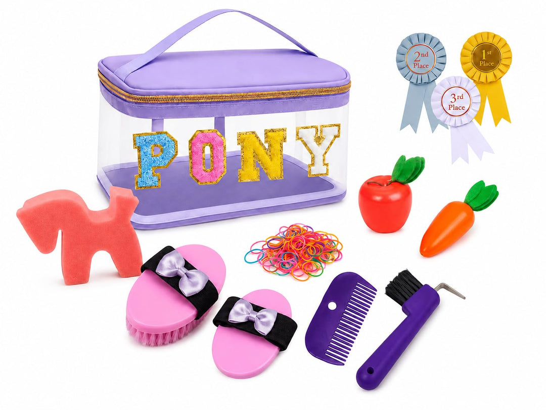 Hobby Horse Zubehör – Echtes Pferdepflegeset &amp; Putztasche für Kinder – Mit Bürsten, Hufkratzer, Schl