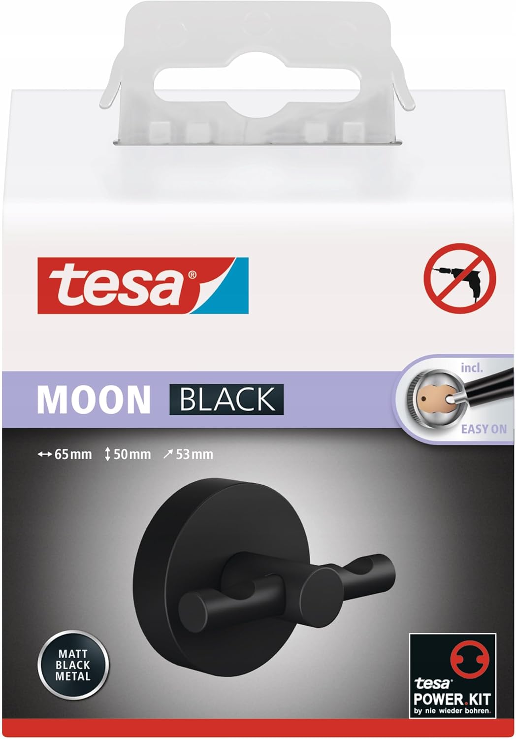 tesa MOON BLACK Bademantelhaken, matt schwarz - für Bäder im Industrial Style und moderne Badezimmer