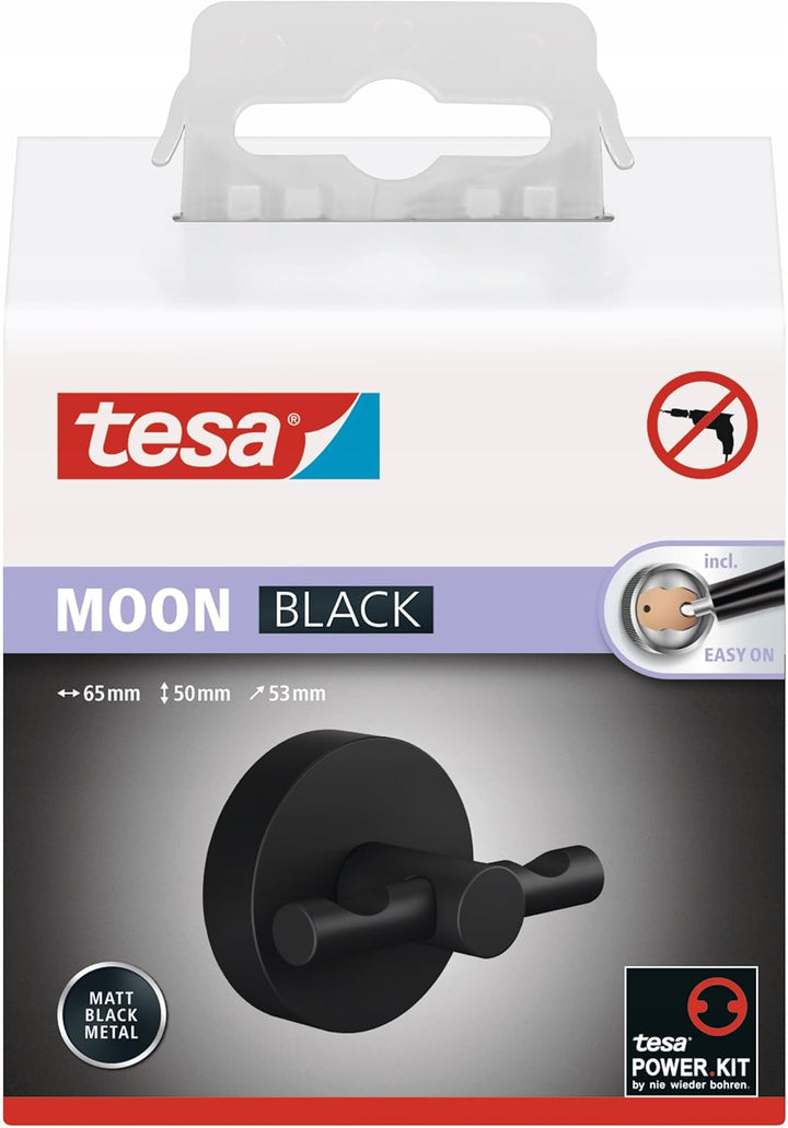 tesa MOON BLACK Bademantelhaken, matt schwarz - für Bäder im Industrial Style und moderne Badezimmer
